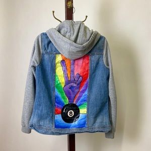 Hand painted peace fingers denim jacket